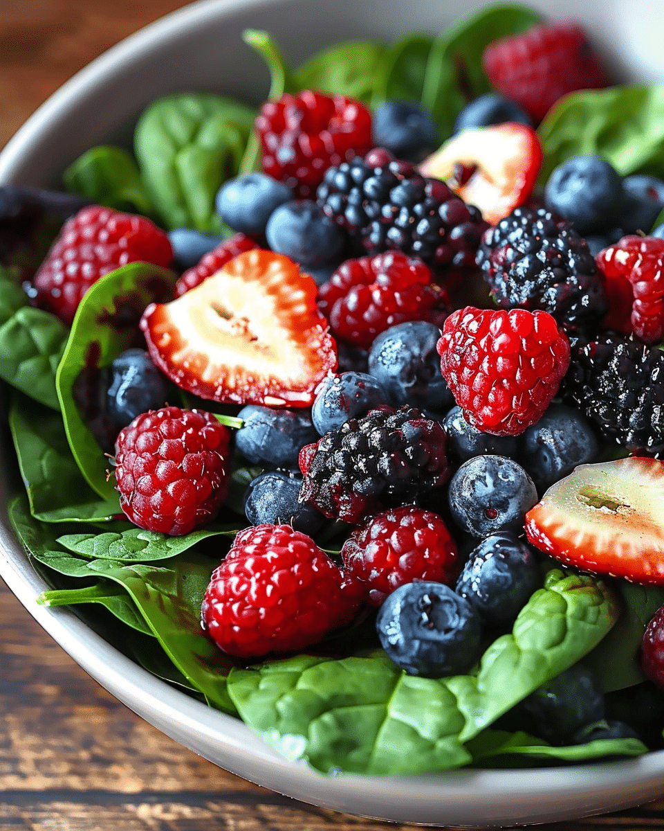 Berry Spinach Salad with Pecans, Feta, and Balsamic Glaze