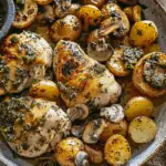 Greek Garlic Chicken with Hot Honey Roasted Potatoes and Creamy Mushroom Pesto
