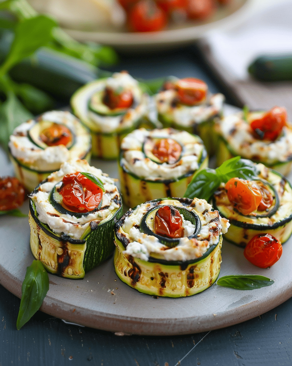Grilled Zucchini Roll Ups with Ricotta & Tomato