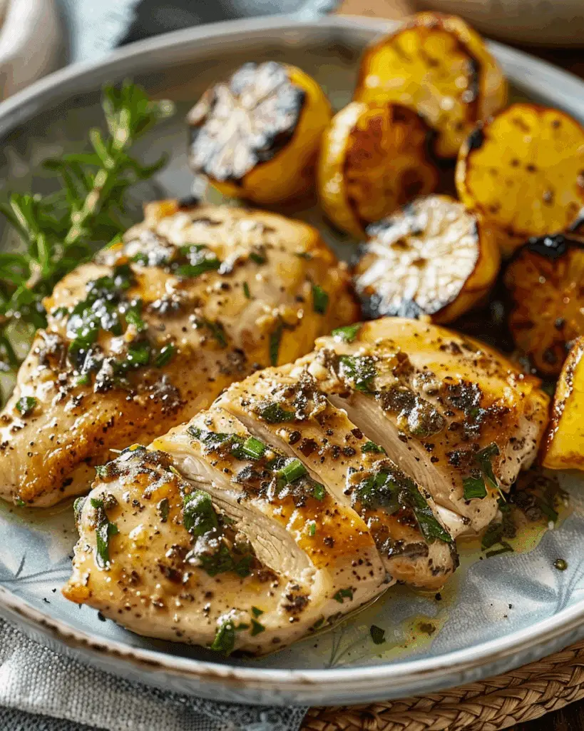 Greek Garlic Chicken with Hot Honey Roasted Potatoes & Creamy Mushroom Pesto