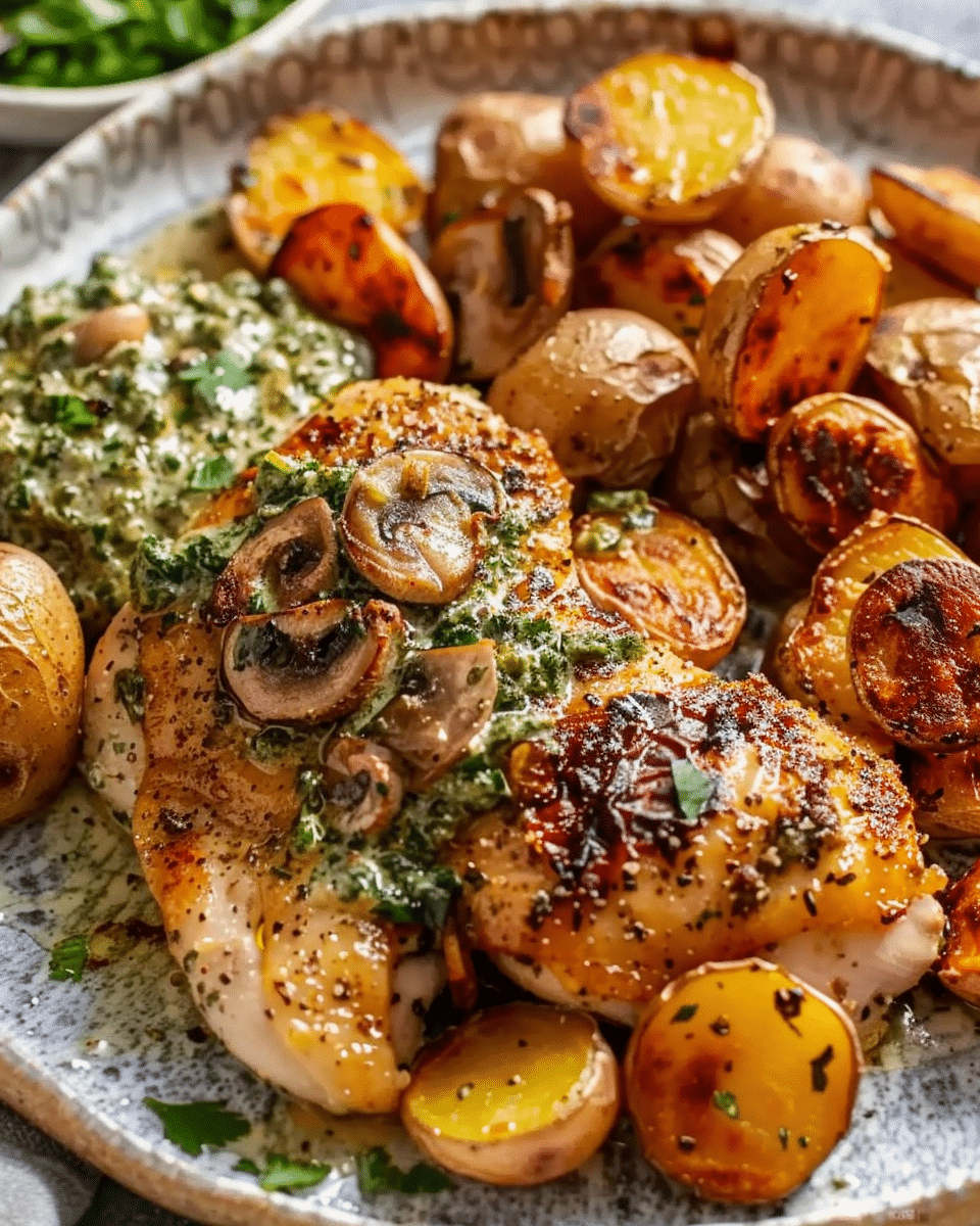 Greek Garlic Chicken with Hot Honey Roasted Potatoes and Creamy Mushroom Pesto