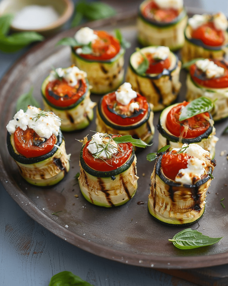 Grilled Zucchini Roll Ups with Ricotta & Tomato