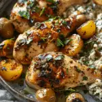 Greek Garlic Chicken with Hot Honey Roasted Potatoes & Creamy Mushroom Pesto
