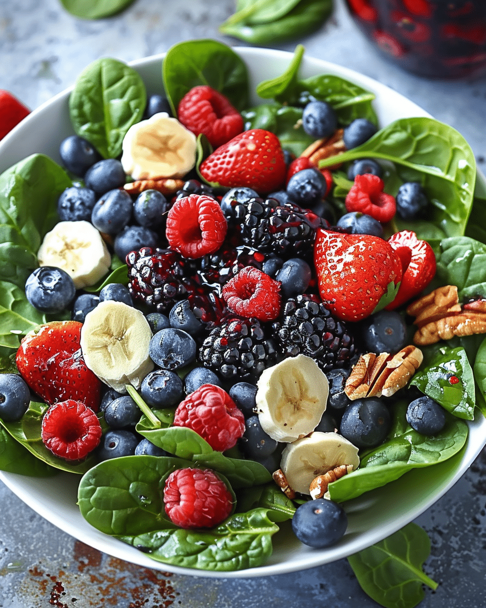 Berry Spinach Salad with Pecans, Feta, and Balsamic Glaze