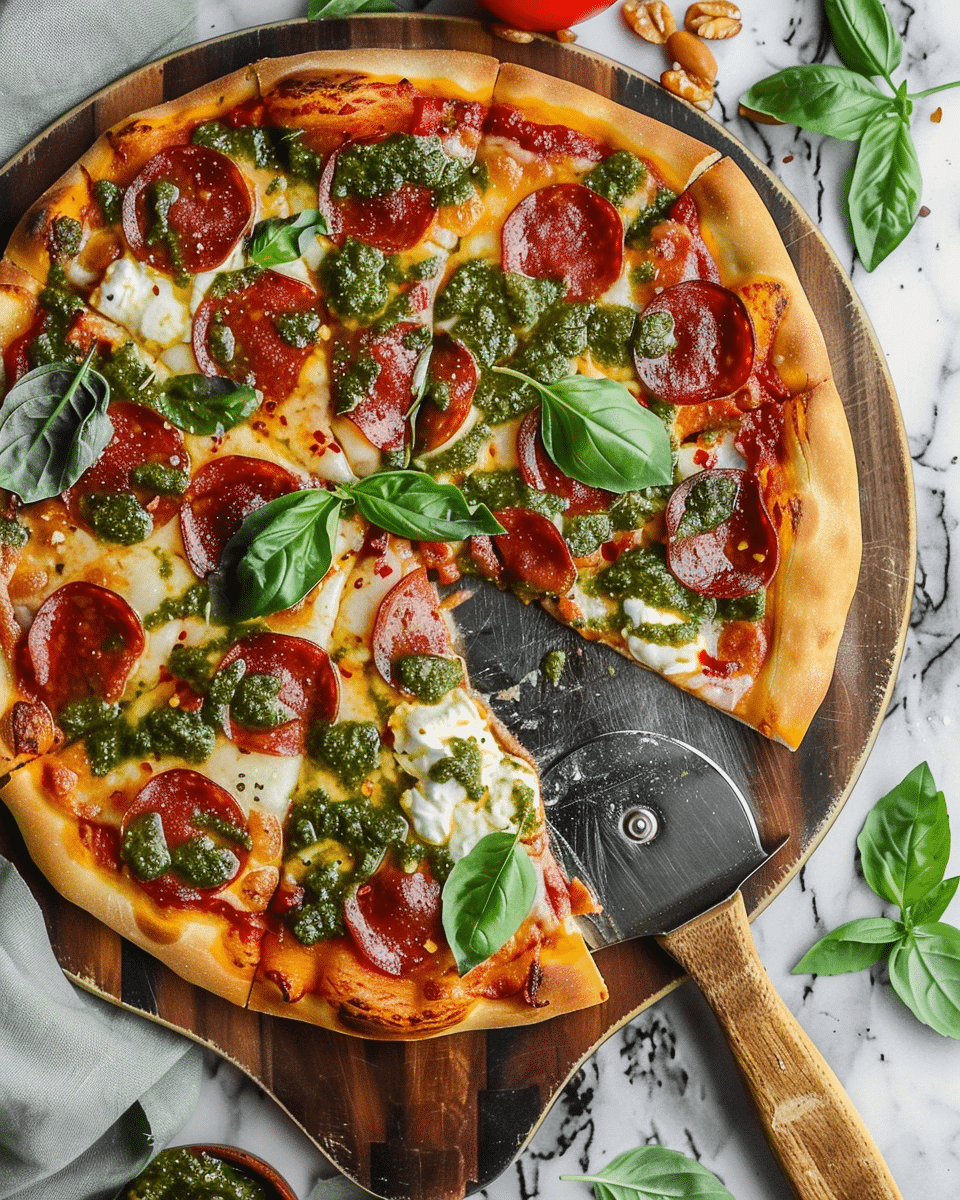 Pepperoni and Burrata Pizza with Pesto