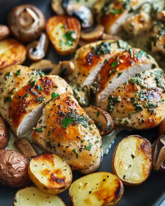 Greek Garlic Chicken with Hot Honey Roasted Potatoes & Creamy Mushroom Pesto