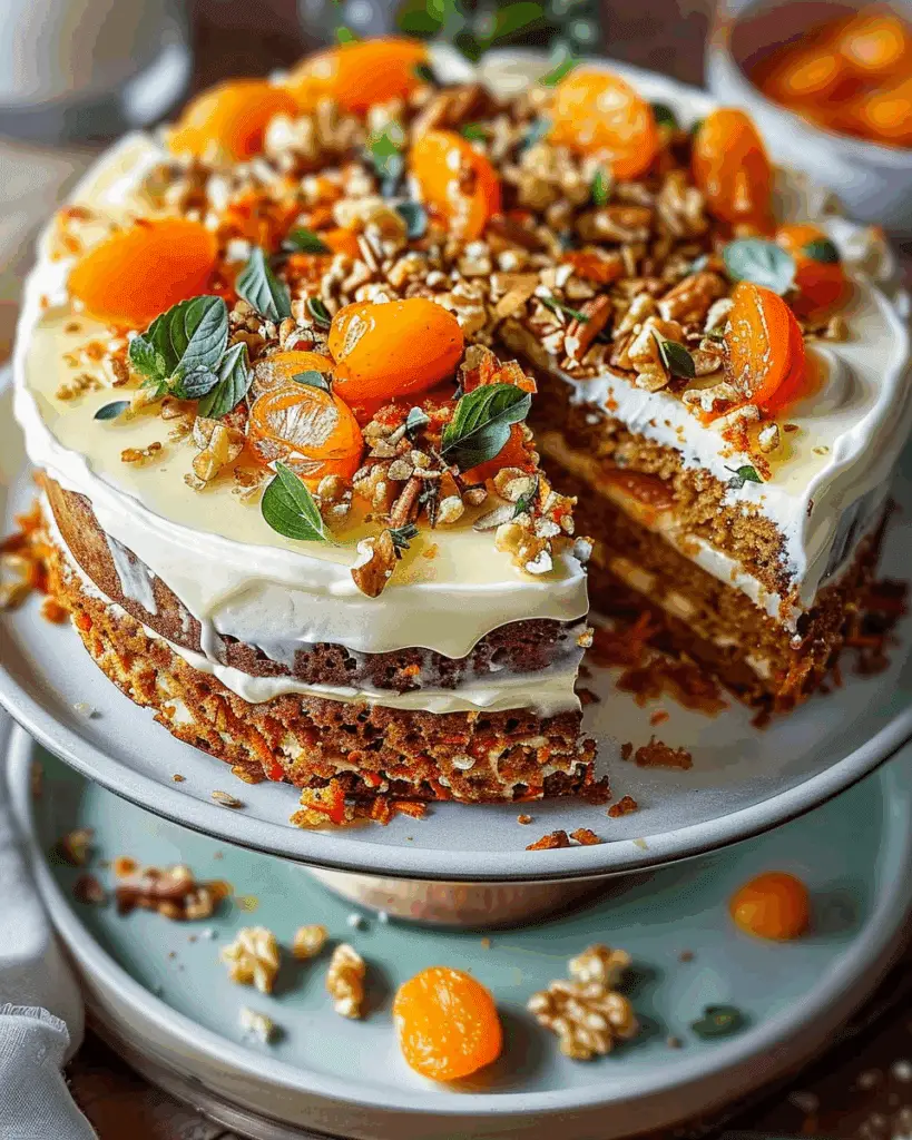 Moist Apricot Carrot Cake with Cream Cheese Frosting and Fresh Herb Garnis