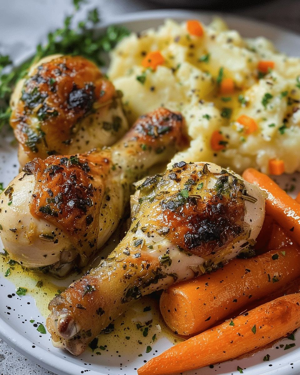 Herb Baked Chicken Drumsticks with Mashed Potatoes and Carrots