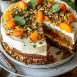 Moist Apricot Carrot Cake with Cream Cheese Frosting and Fresh Herb Garnis
