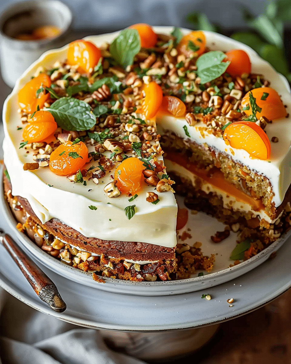 Moist Apricot Carrot Cake with Cream Cheese Frosting and Fresh Herb Garnis