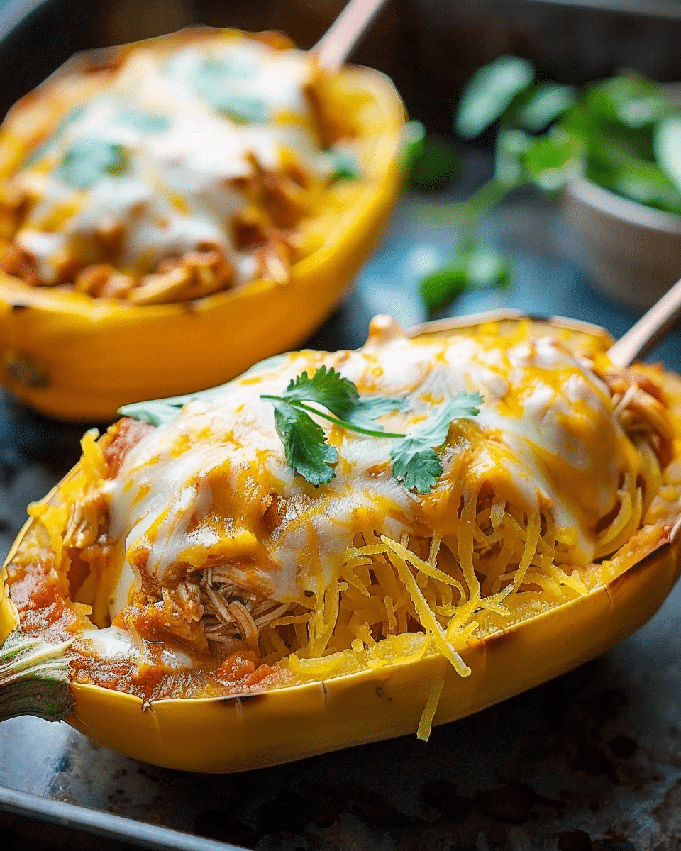 Cheesy Chicken Enchilada Stuffed Spaghetti Squash Recipe
