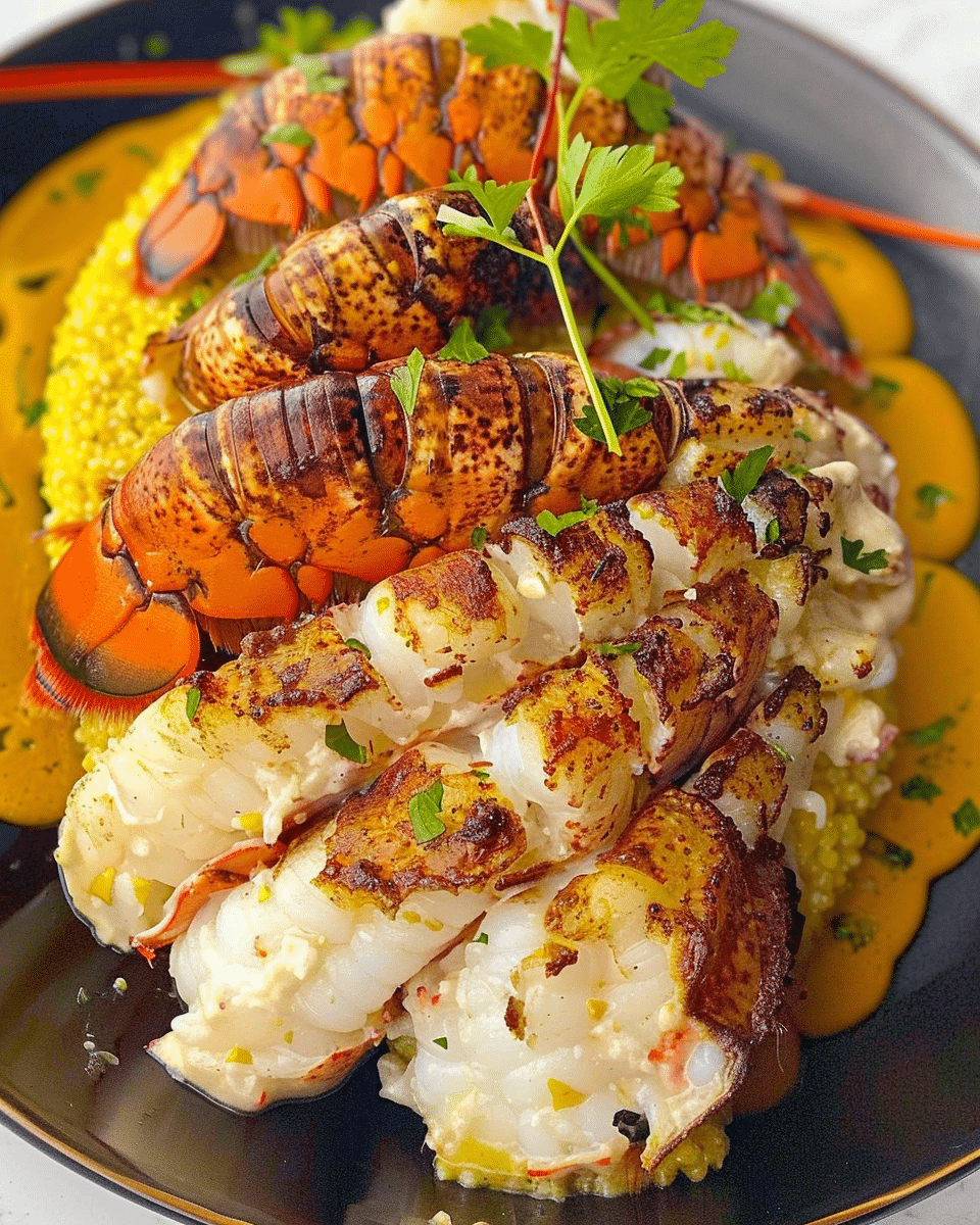 Broiled Lobster Tail with Saffron Grits & Creamy Garlic Sauce