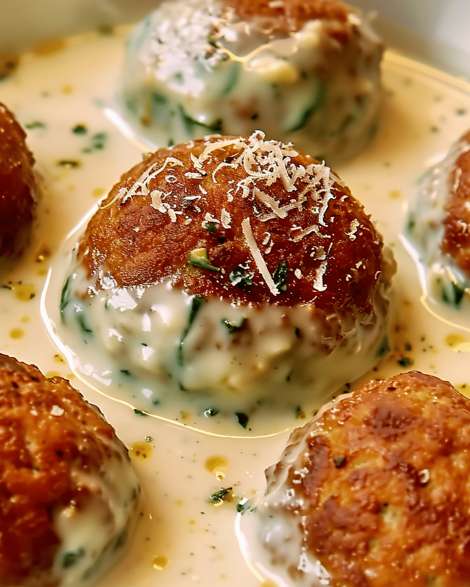 Chicken Ricotta Meatballs with Spinach Alfredo Sauce