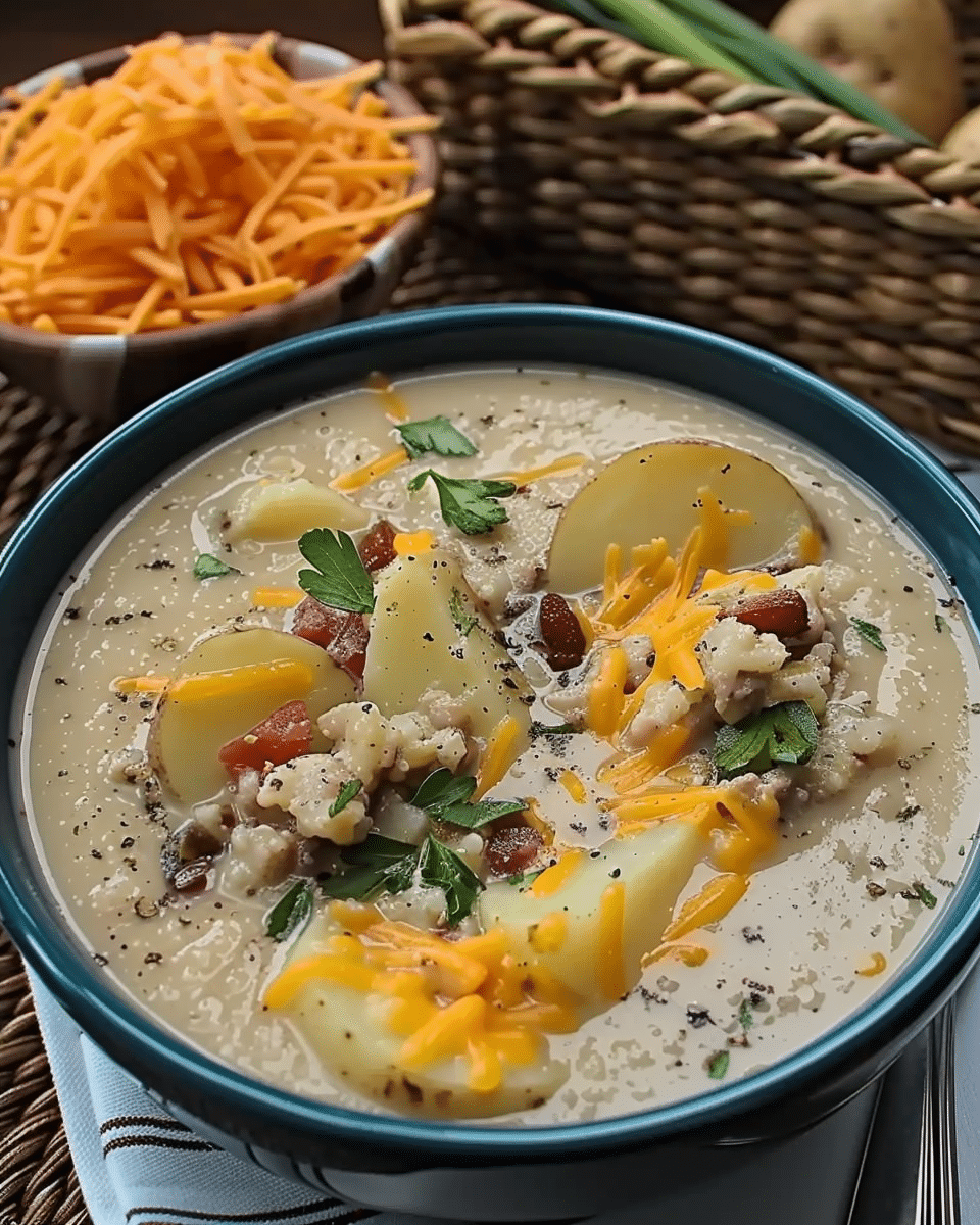 Hearty Cheddar Garlic Herb Potato Soup