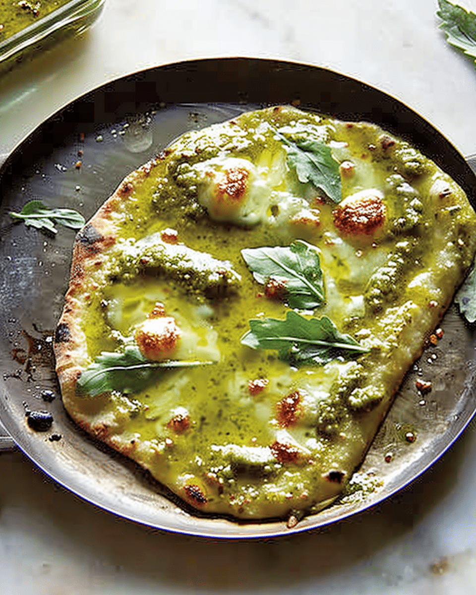 Pesto Flatbread with Mozzarella and Arugula