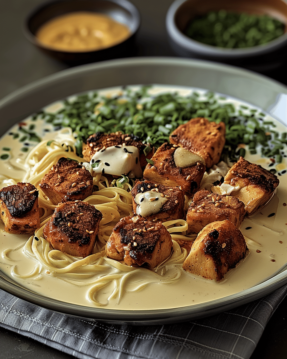 Spicy Chicken Ramen in Creamy Garlic Sauce