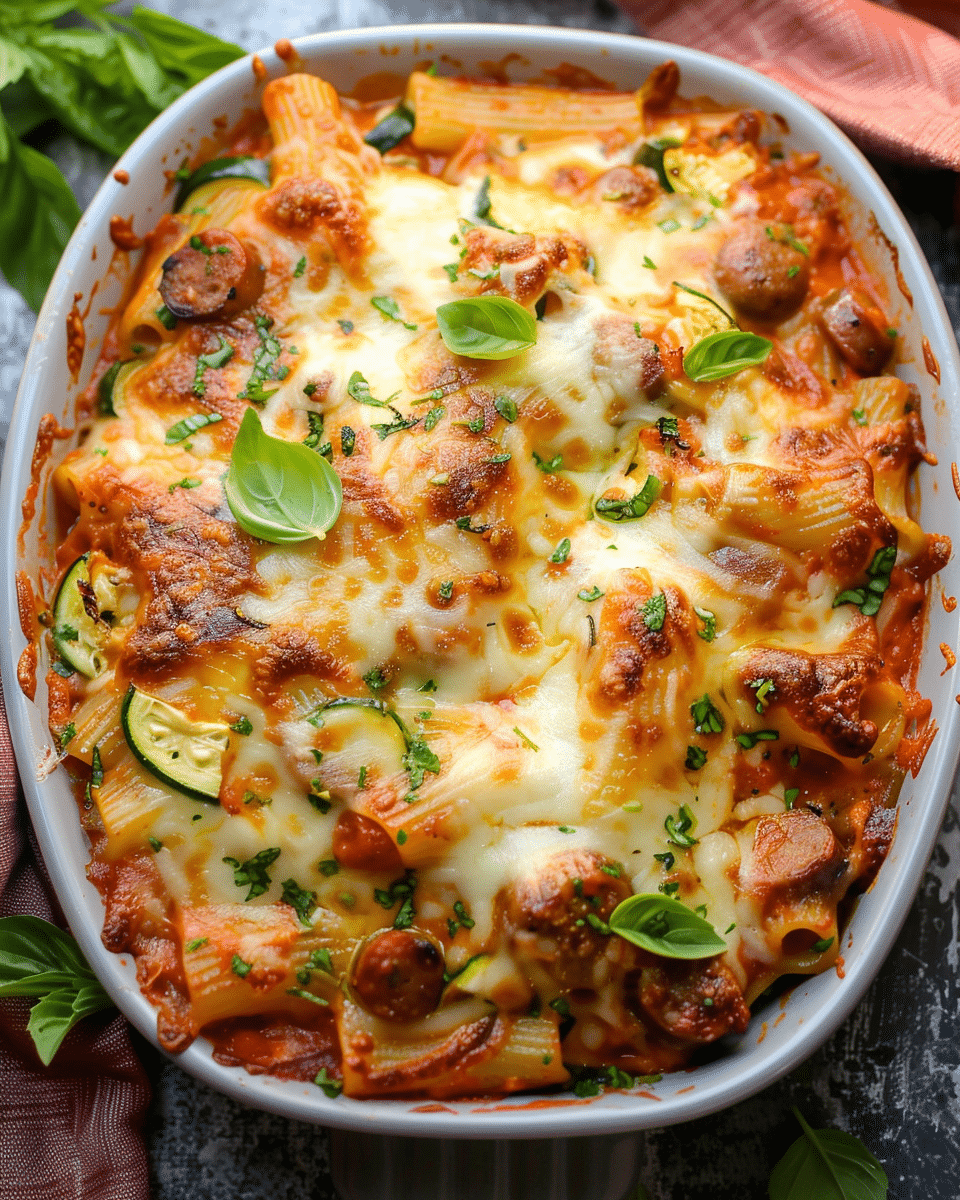 Baked Rigatoni Fra Diavolo with Sausage and Zucchini