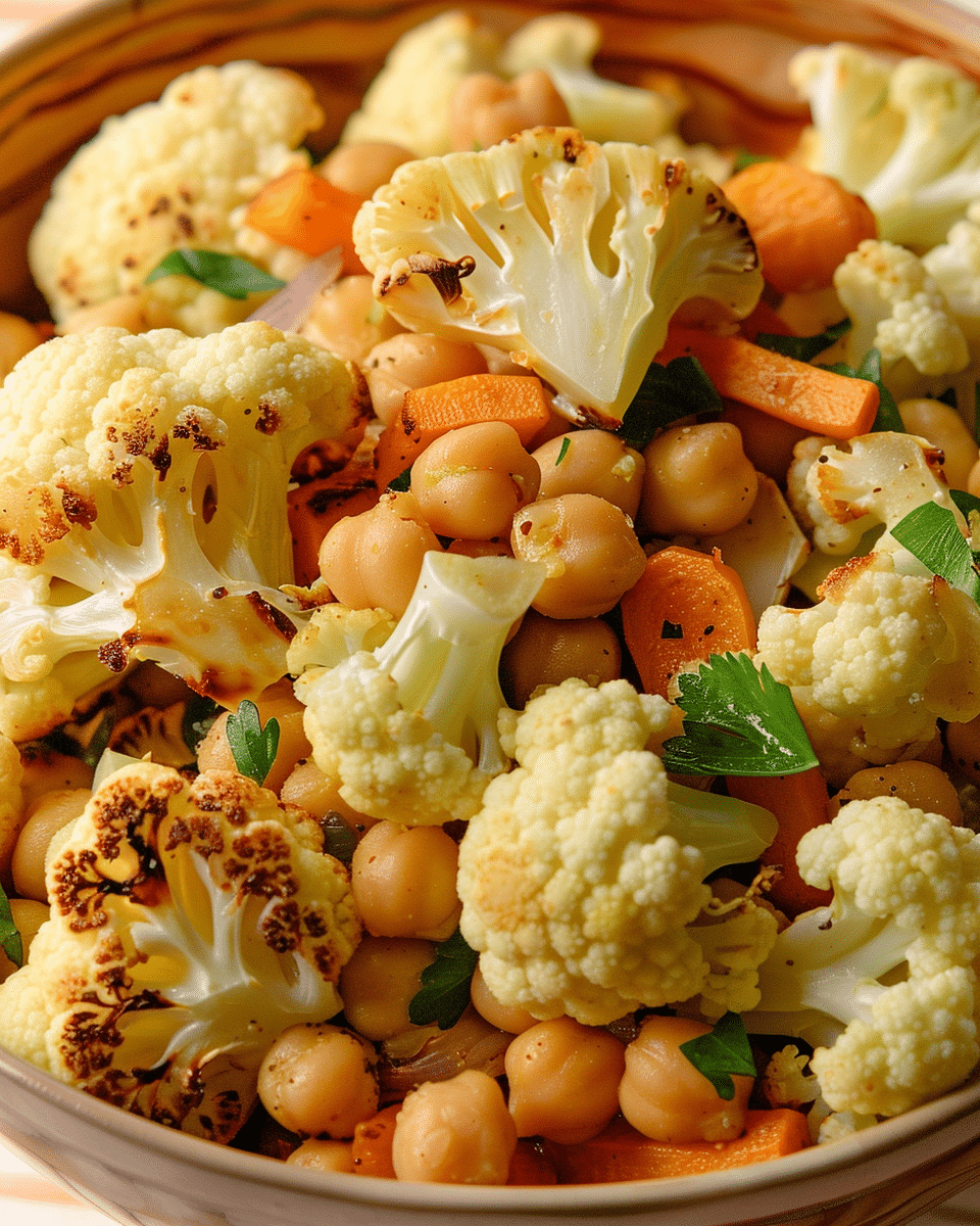 Chickpea and Roasted Cauliflower Salad with Lemon Garlic Dressing