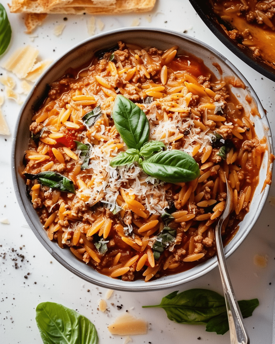 Ground Beef Orzo With Tomato Cream Sauce