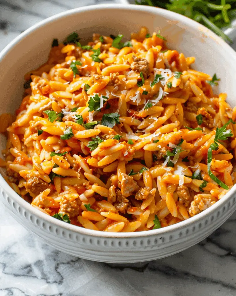 Ground Beef Orzo With Tomato Cream Sauce