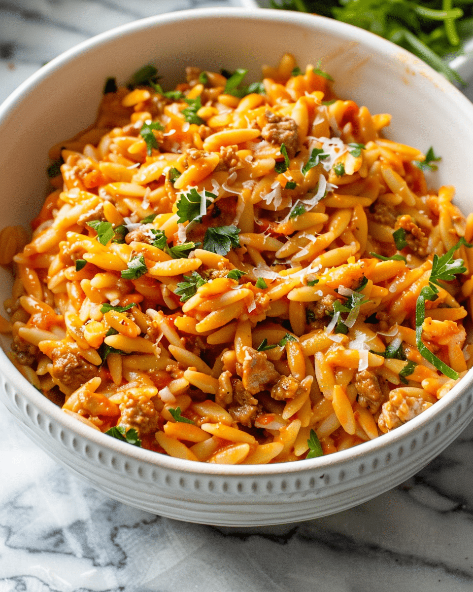 Ground Beef Orzo With Tomato Cream Sauce