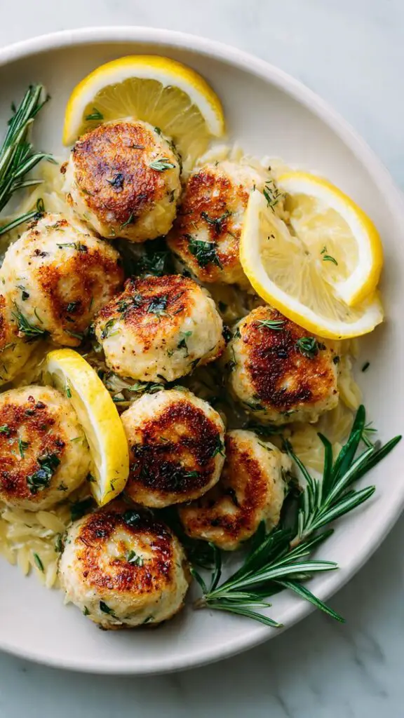 Baked Lemon Rosemary Chicken Meatballs And Creamy Orzo