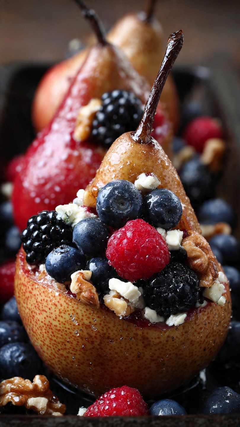 Baked Pears With Berries, Honey, Walnuts & Blue Cheese