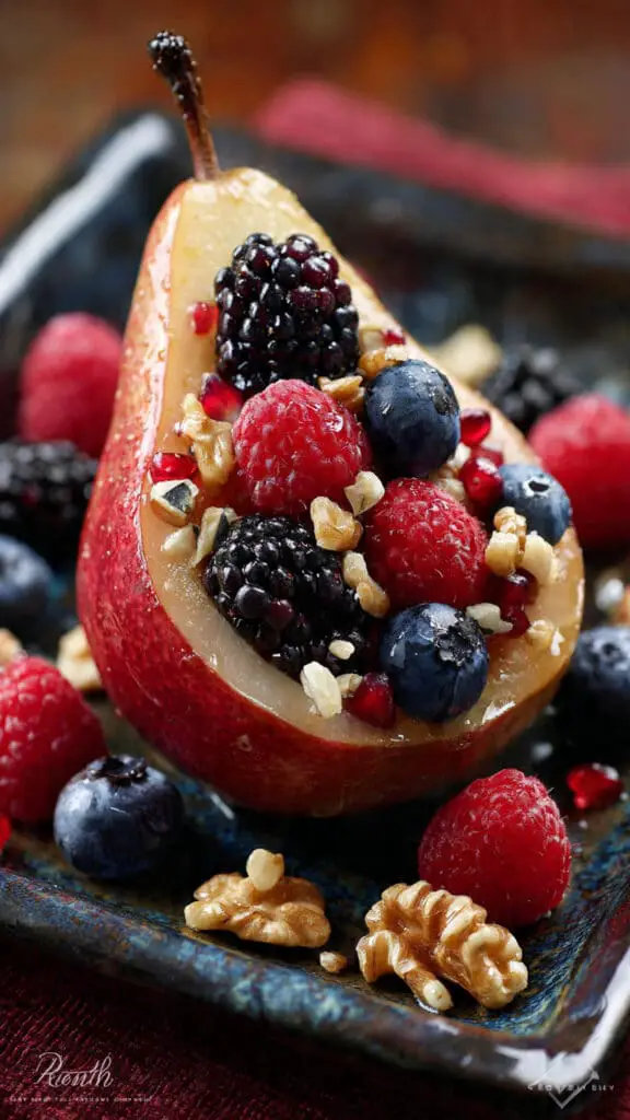 Baked Pears With Berries, Honey, Walnuts & Blue Cheese