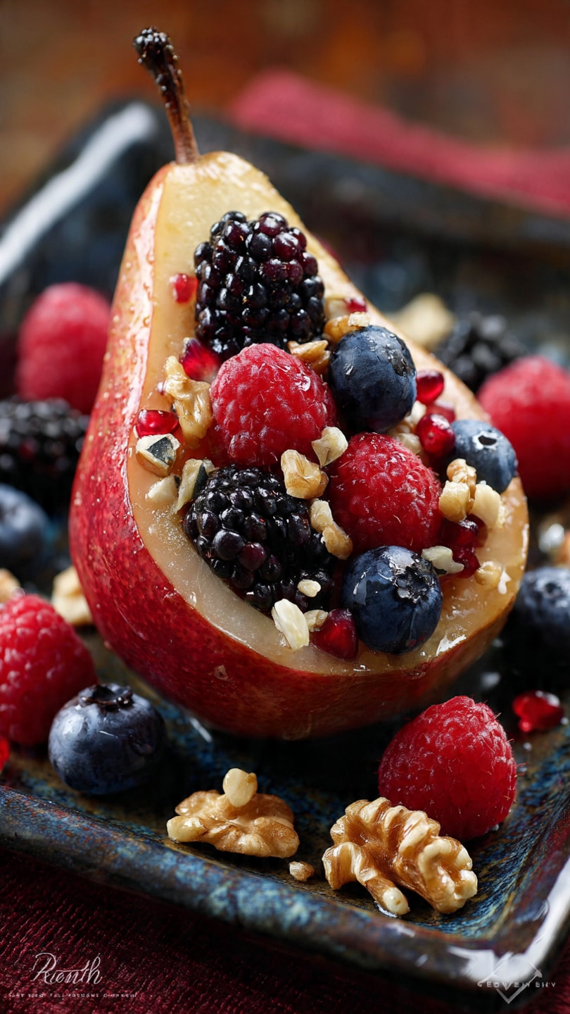 Baked Pears With Berries, Honey, Walnuts & Blue Cheese