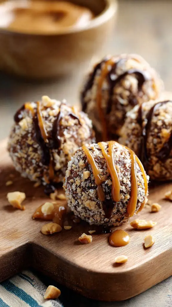 Chocolate Peanut Butter Snowballs With Caramel Drizzle