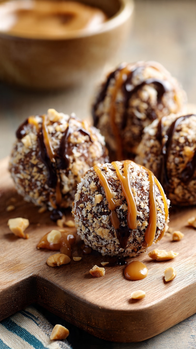 Chocolate Peanut Butter Snowballs With Caramel Drizzle