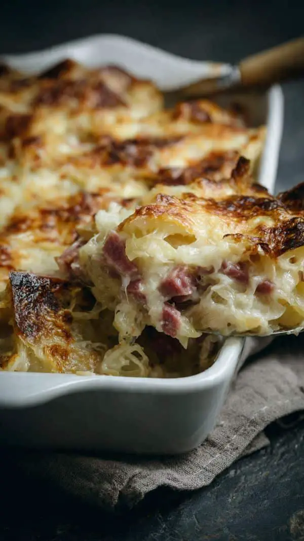 Classic Reuben Bake With Corned Beef, Sauerkraut And Swiss Cheese