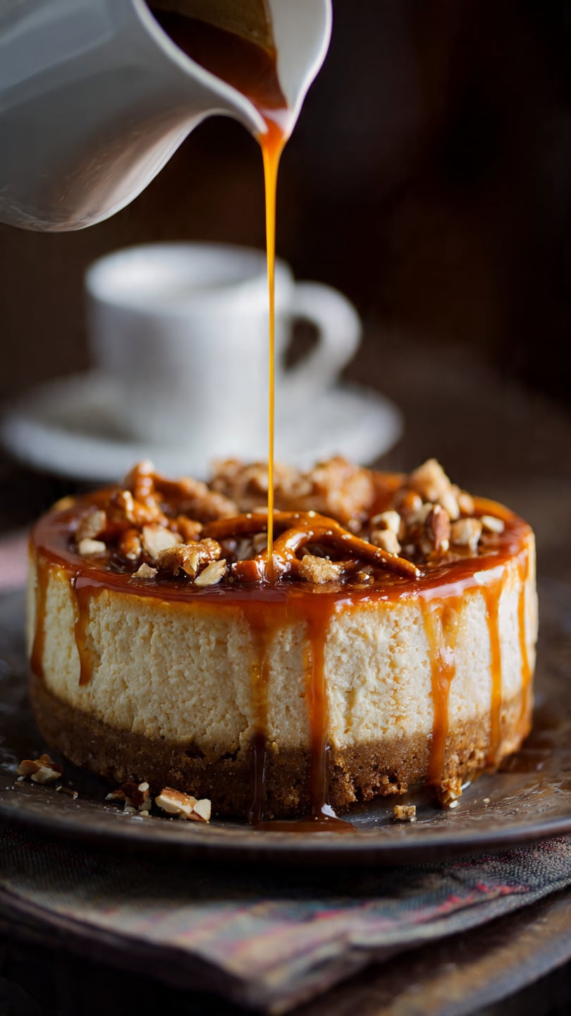 No Bake Salted Caramel Pretzel Cheesecake