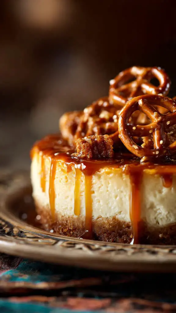 No Bake Salted Caramel Pretzel Cheesecake