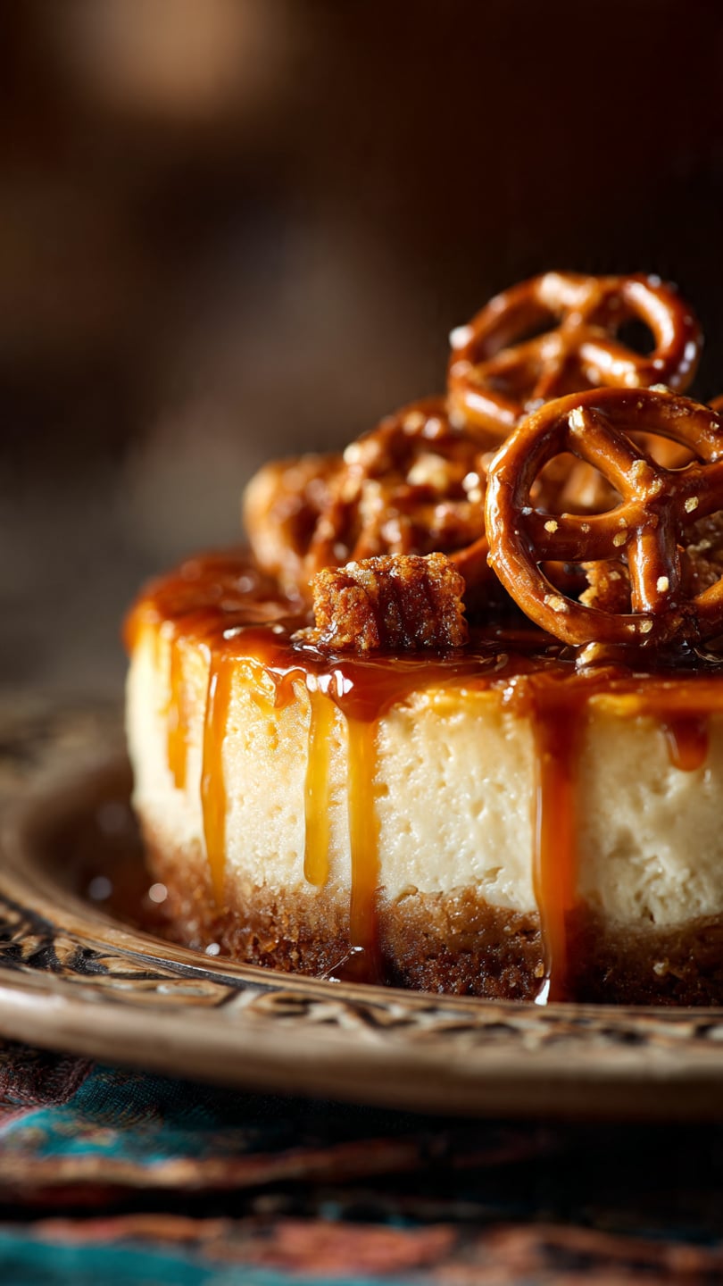 No Bake Salted Caramel Pretzel Cheesecake