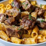 Cajun Steak Tips In Cheesy Rigatoni Parmesan Sauce