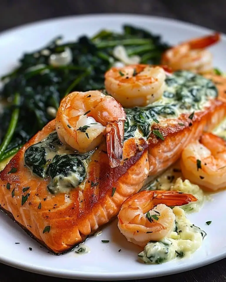 Creamed Spinach-Stuffed Salmon With Garlic Shrimp