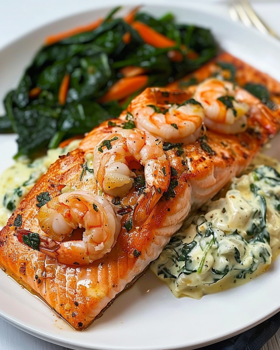 Creamed Spinach-Stuffed Salmon With Garlic Shrimp