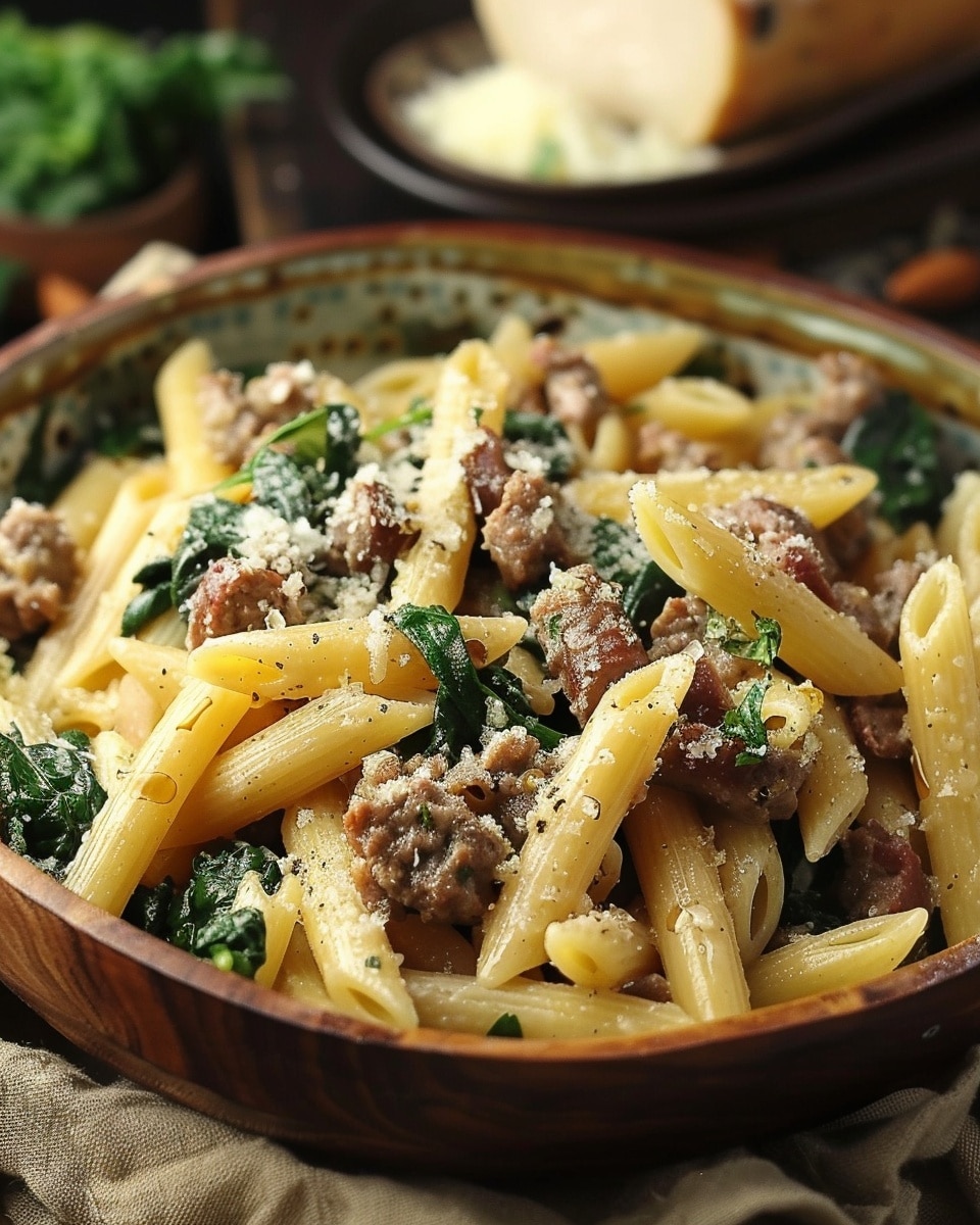 Creamy Garlic Butter Beef Penne With Sausage And Spinach