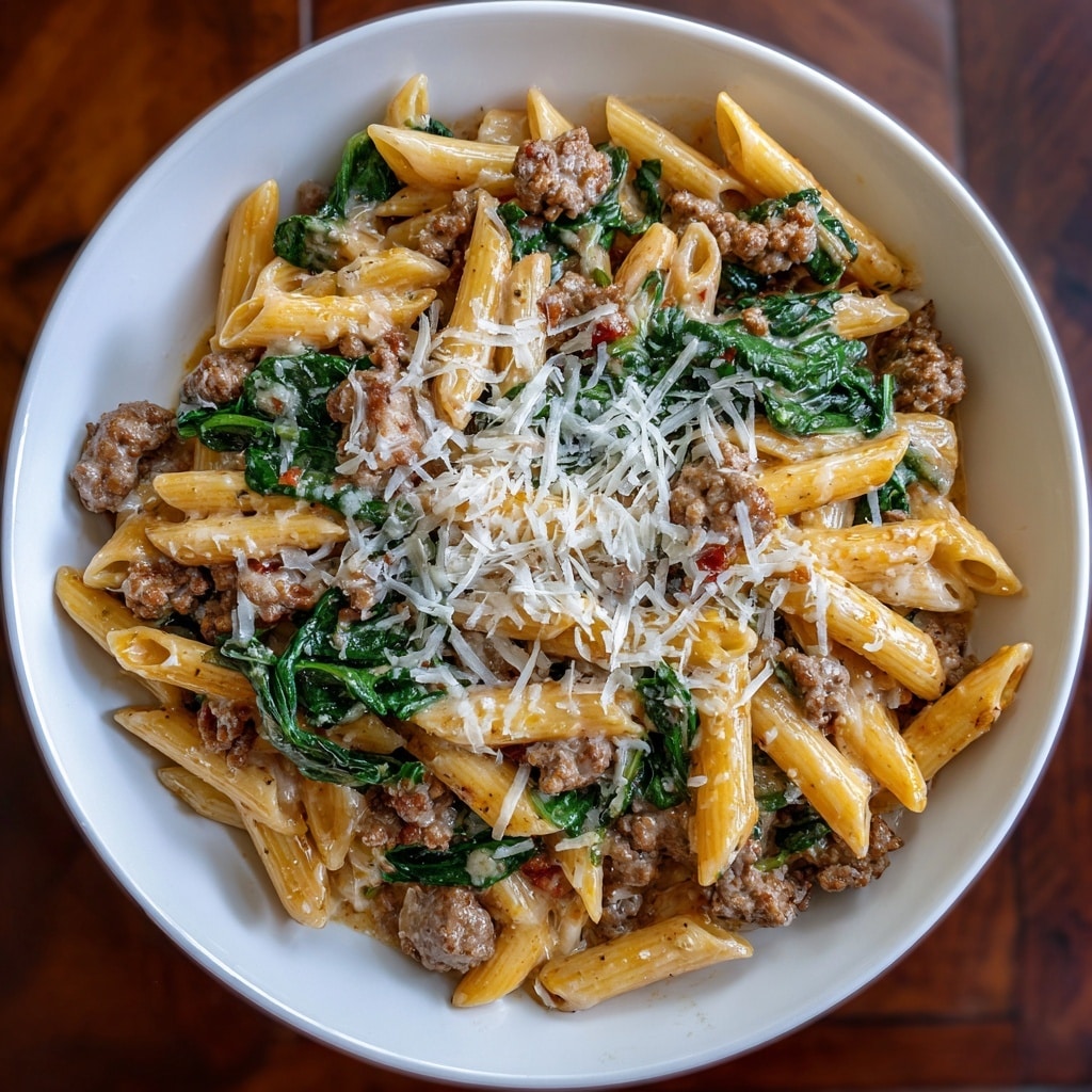 Creamy Garlic Butter Beef Penne With Sausage And Spinach