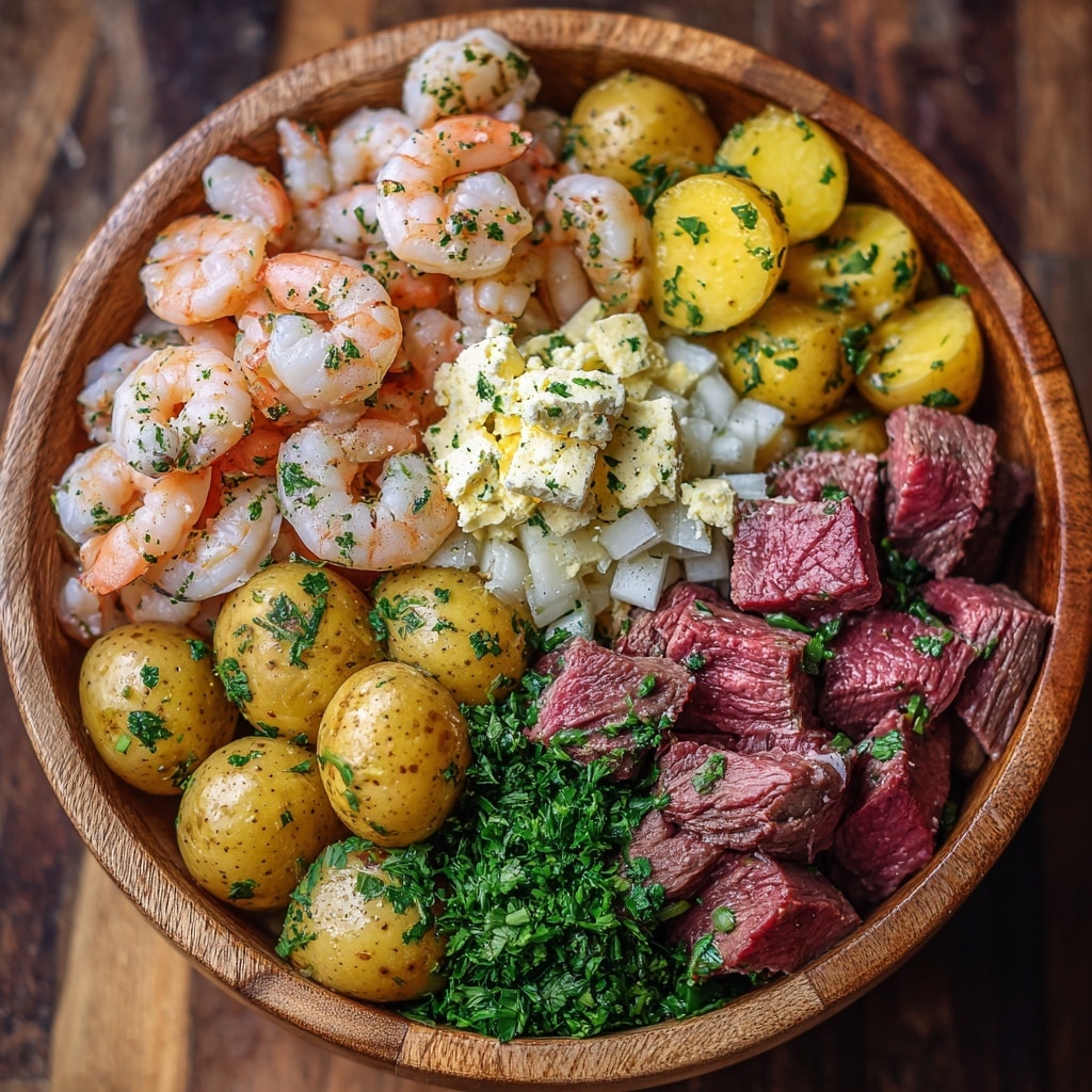 Garlic Butter Shrimp & Steak Bites With Veggie Potatoes