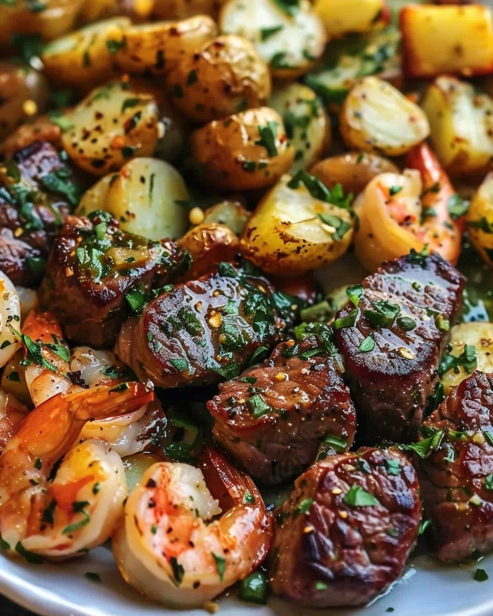 Garlic Butter Shrimp & Steak Bites With Veggie Potatoes