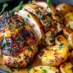 Tuscan Garlic Chicken With Crispy Potatoes And Creamy Roasted Red Pepper Pesto Alfredo