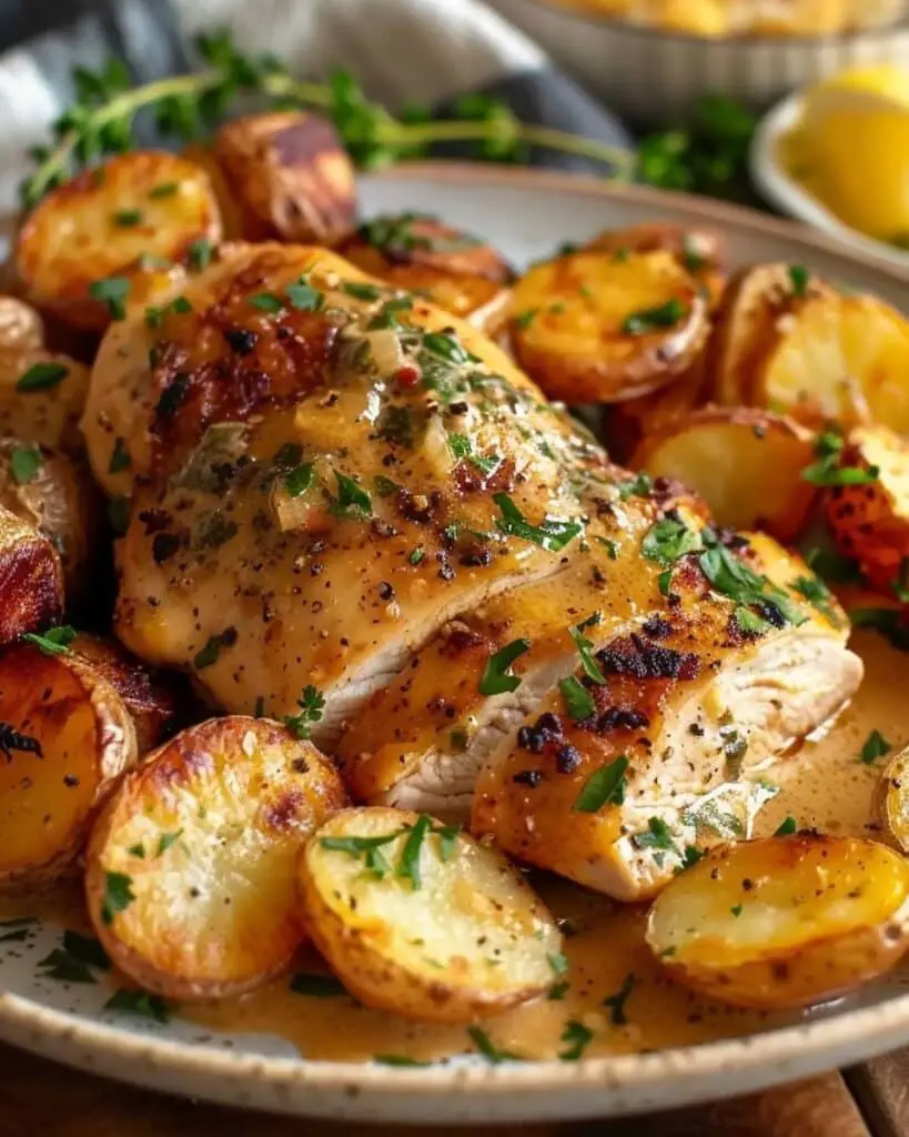 Tuscan Garlic Chicken With Crispy Potatoes And Creamy Roasted Red Pepper Pesto Alfredo