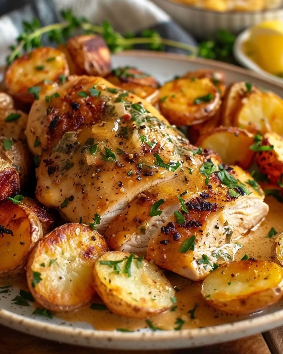 Tuscan Garlic Chicken With Crispy Potatoes And Creamy Roasted Red Pepper Pesto Alfredo