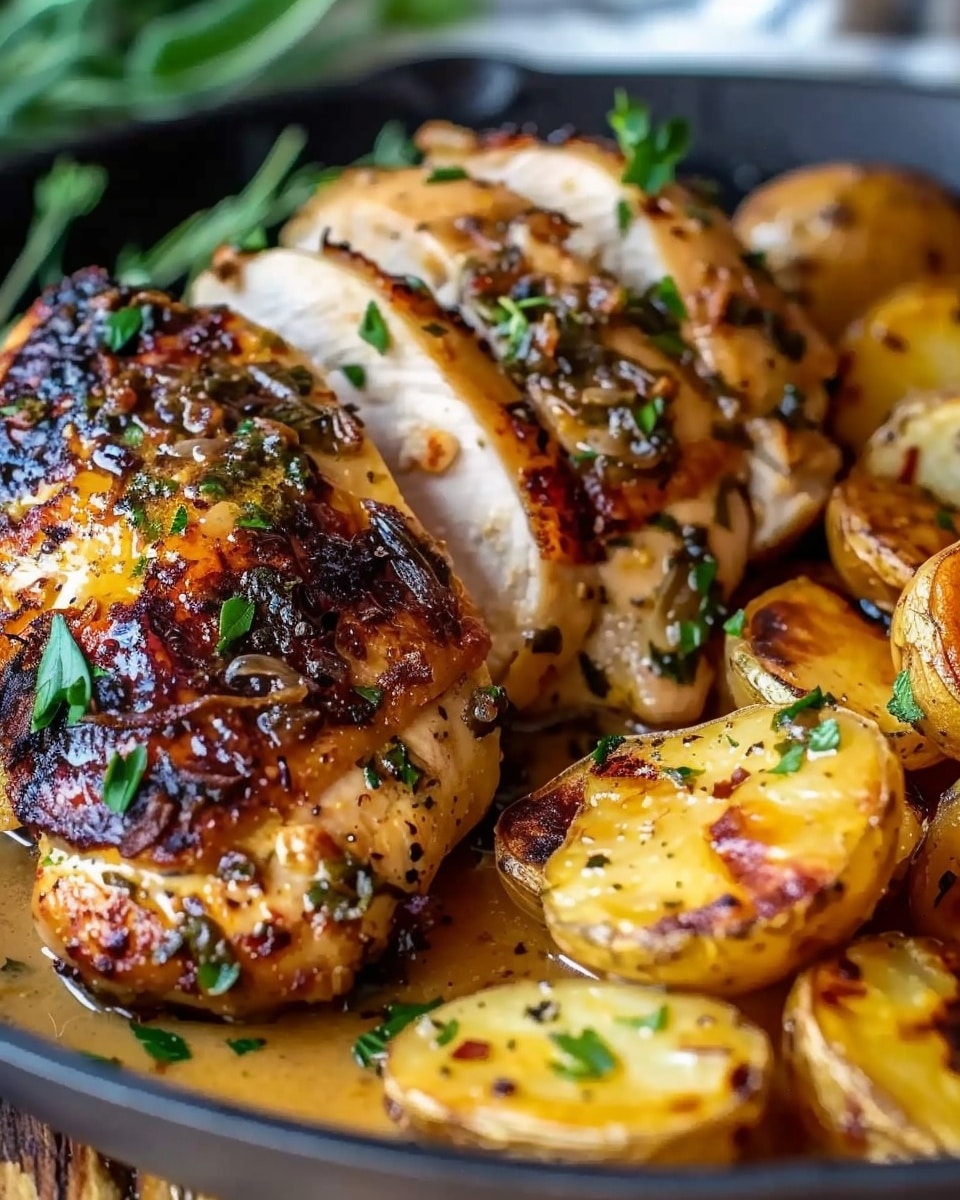Tuscan Garlic Chicken With Crispy Potatoes And Creamy Roasted Red Pepper Pesto Alfredo