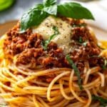 Beef Bolognese With Creamy Garlic Butter Spaghetti