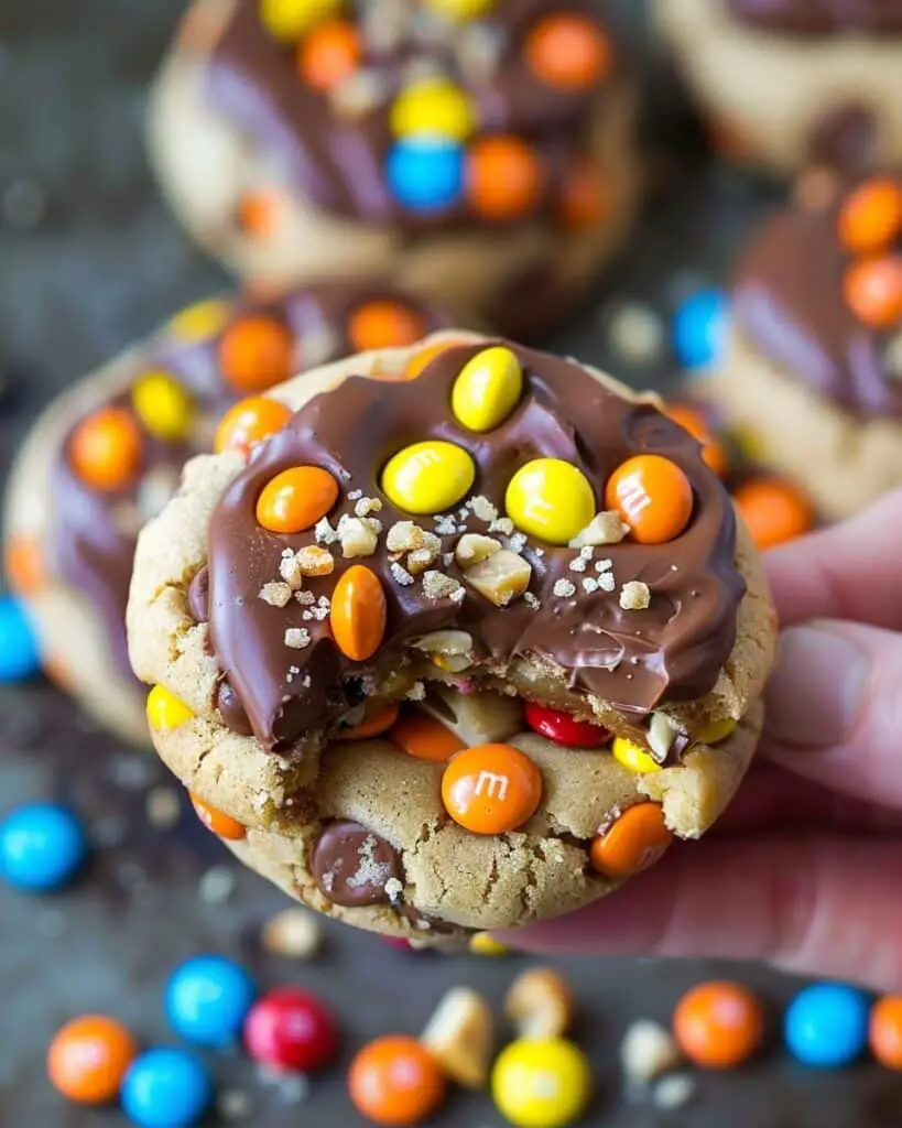 Chocolate Dipped English Toffee Peanut M&M Cookies