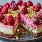 Elegant Pistachio Raspberry Crunch Cheesecake