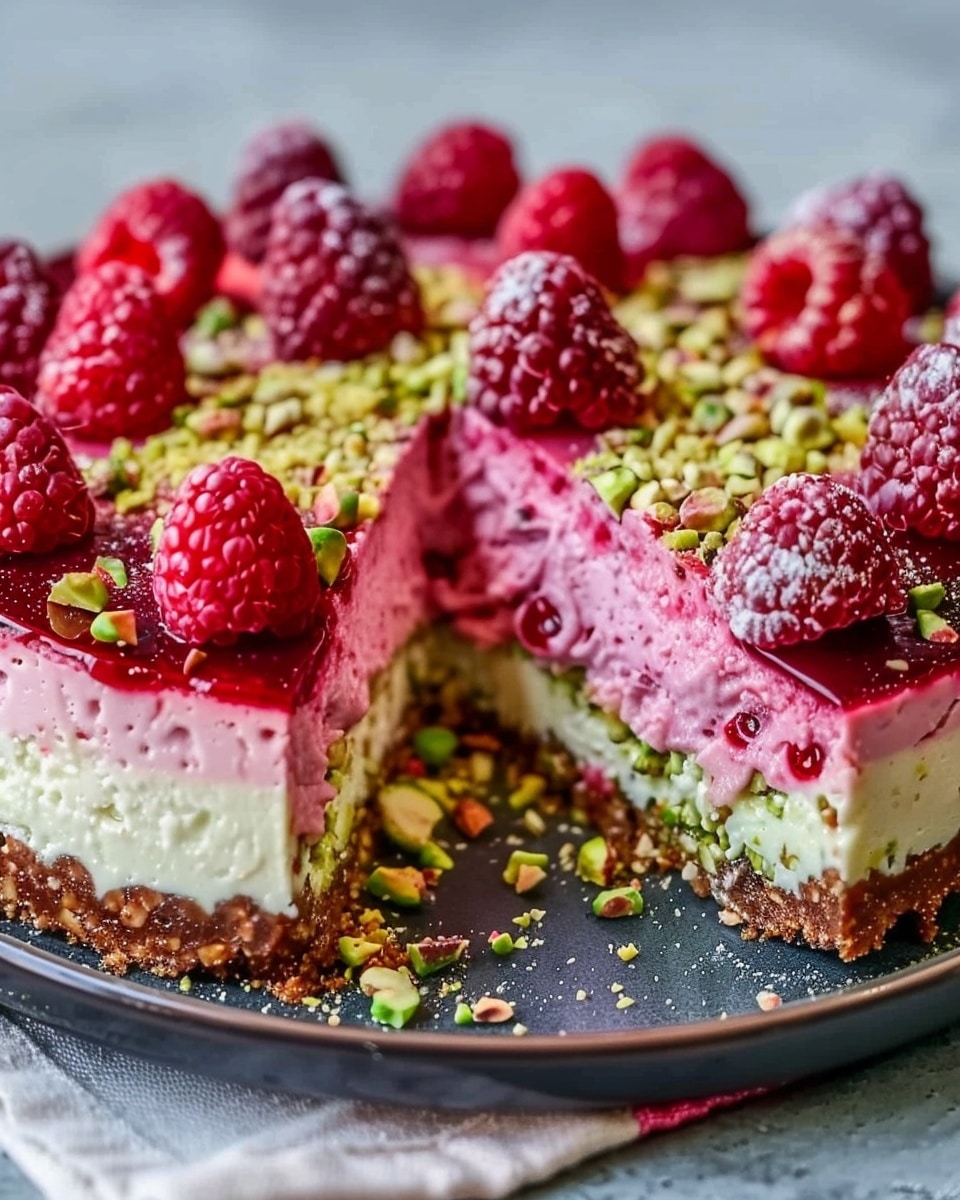 Elegant Pistachio Raspberry Crunch Cheesecake